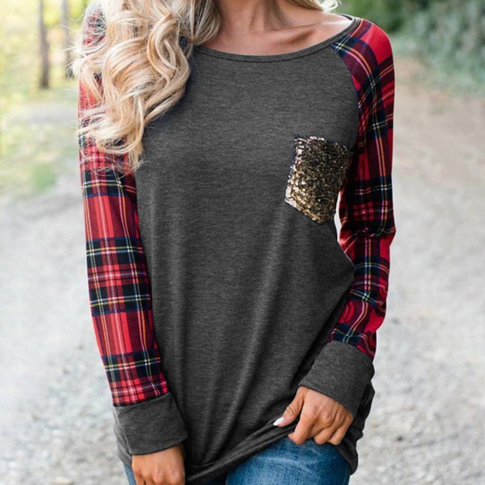 Plaid Sleeved Sequin Pocket Long Sleeve Top - Picture 3 of 4